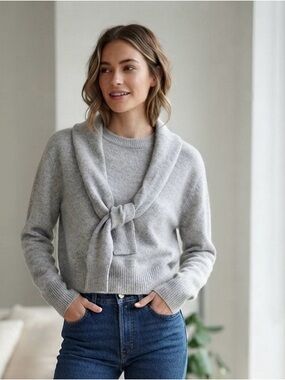 NAADAM Light Gray Cashmere-Blend Crewneck Sweater with Tie Detail